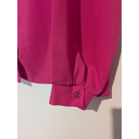 Vintage 80s  Silky Fuschia Pink Embroidered Collar Long Sleeve Blouse - Picture 4 of 4
